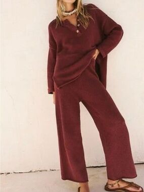 Women's Wide-Leg Knit Pants Set in Deep Burgundy